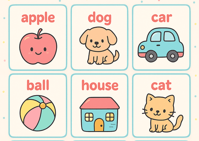 AI-generated flashcard example showing educational content with cute illustrations for children